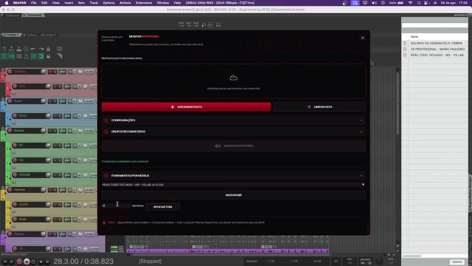 Painel do Repertório Automático aberto dentro do Reaper, com as músicas montadas