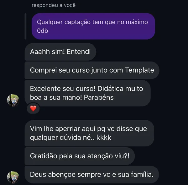 Mensagem de aluno: 'Excelente seu curso! Didática muito boa'